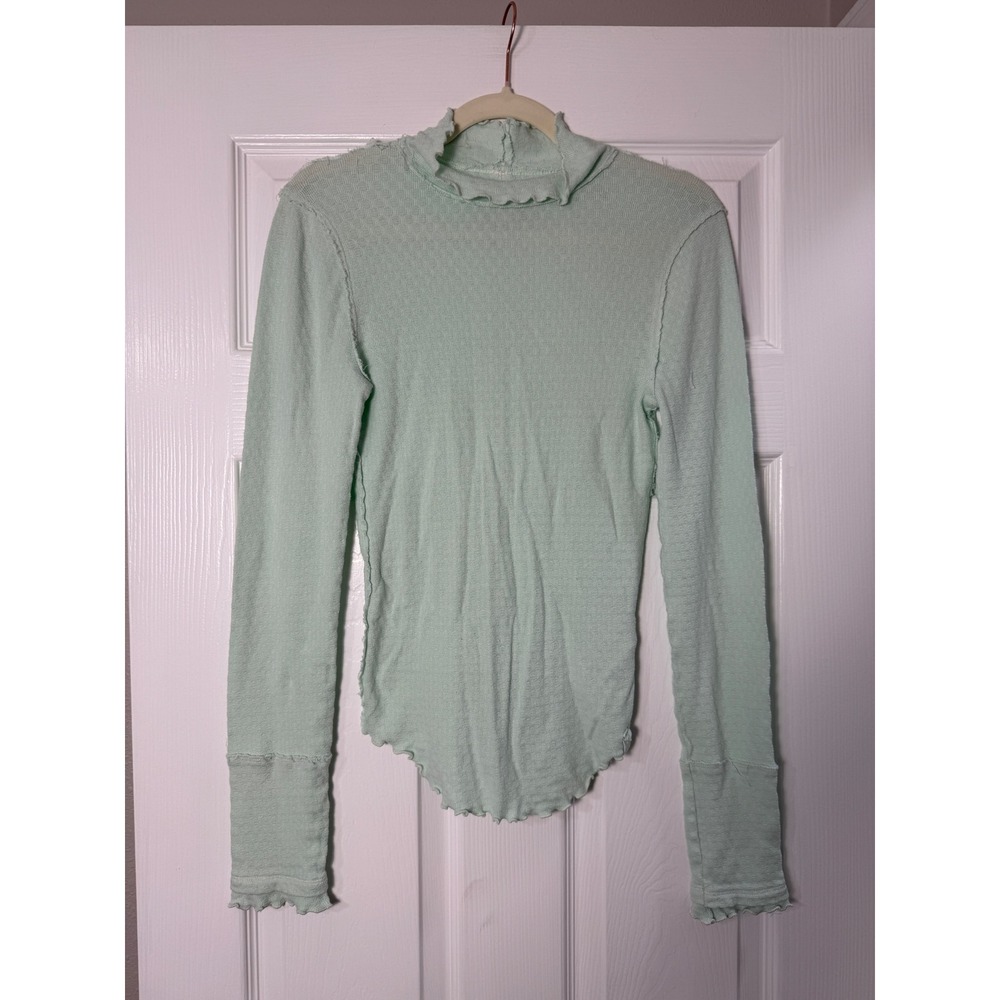We The Free Free People Sara Pointelle Turtleneck Size L Mint Green Boho - Picture 2 of 6